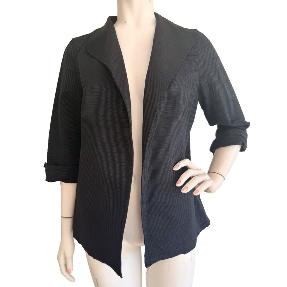 EILEEN FISHER Black Open Front Jacket Cotton Blend Textured Flip Cuff Size S